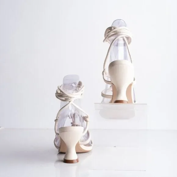 Anthropologie Womens Cream Caged Sandals Heels Lace tie Sz 5 EU 35 Leather New - Picture 6 of 10